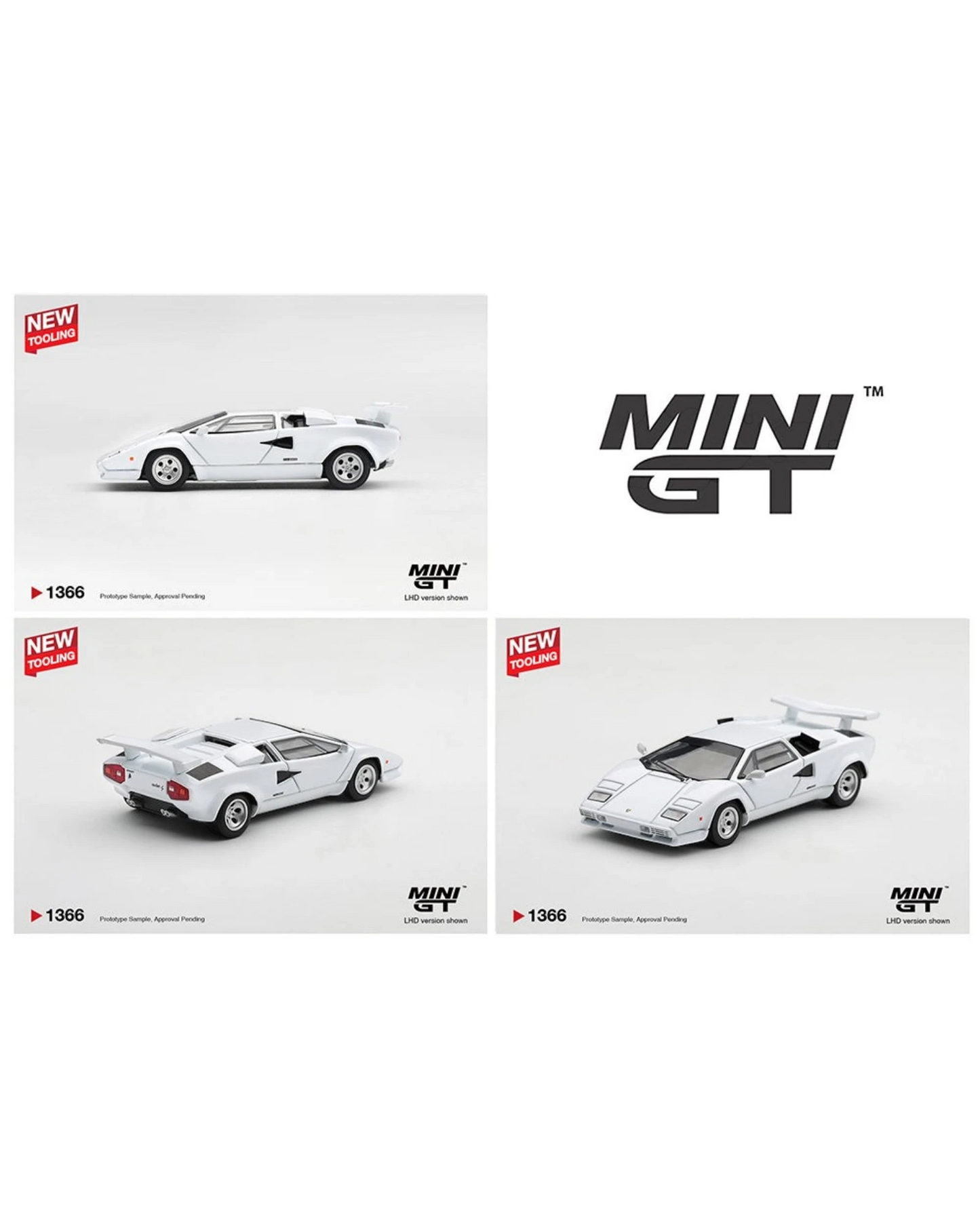 More Than Diecast Mini GT 1:64 scale white Lamborghini Countach die-cast model car in multiple angles