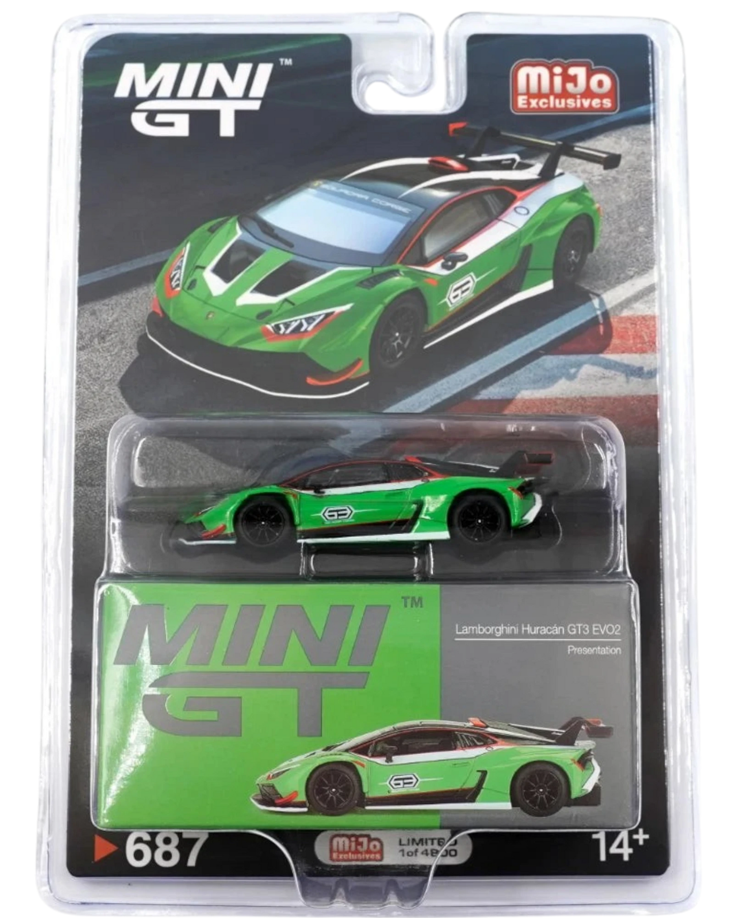 More Than Diecast Mini GT 1:64 scale green Lamborghini Huracán GT3 EVO2 die-cast model car with white and black racing livery.