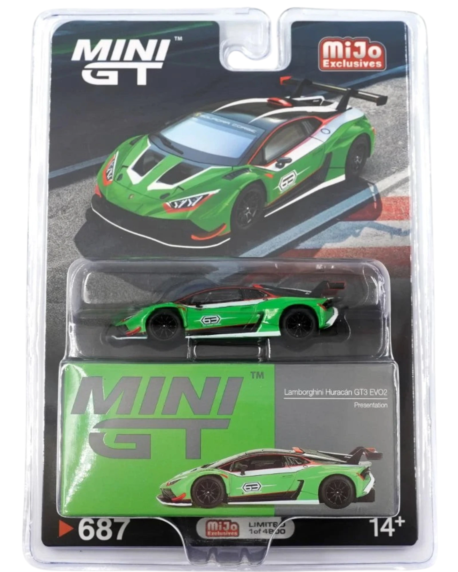 More Than Diecast Mini GT 1:64 scale green Lamborghini Huracán GT3 EVO2 die-cast model car with white and black racing livery.