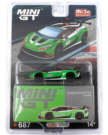 More Than Diecast Mini GT 1:64 scale green Lamborghini Huracán GT3 EVO2 die-cast model car with white and black racing livery.