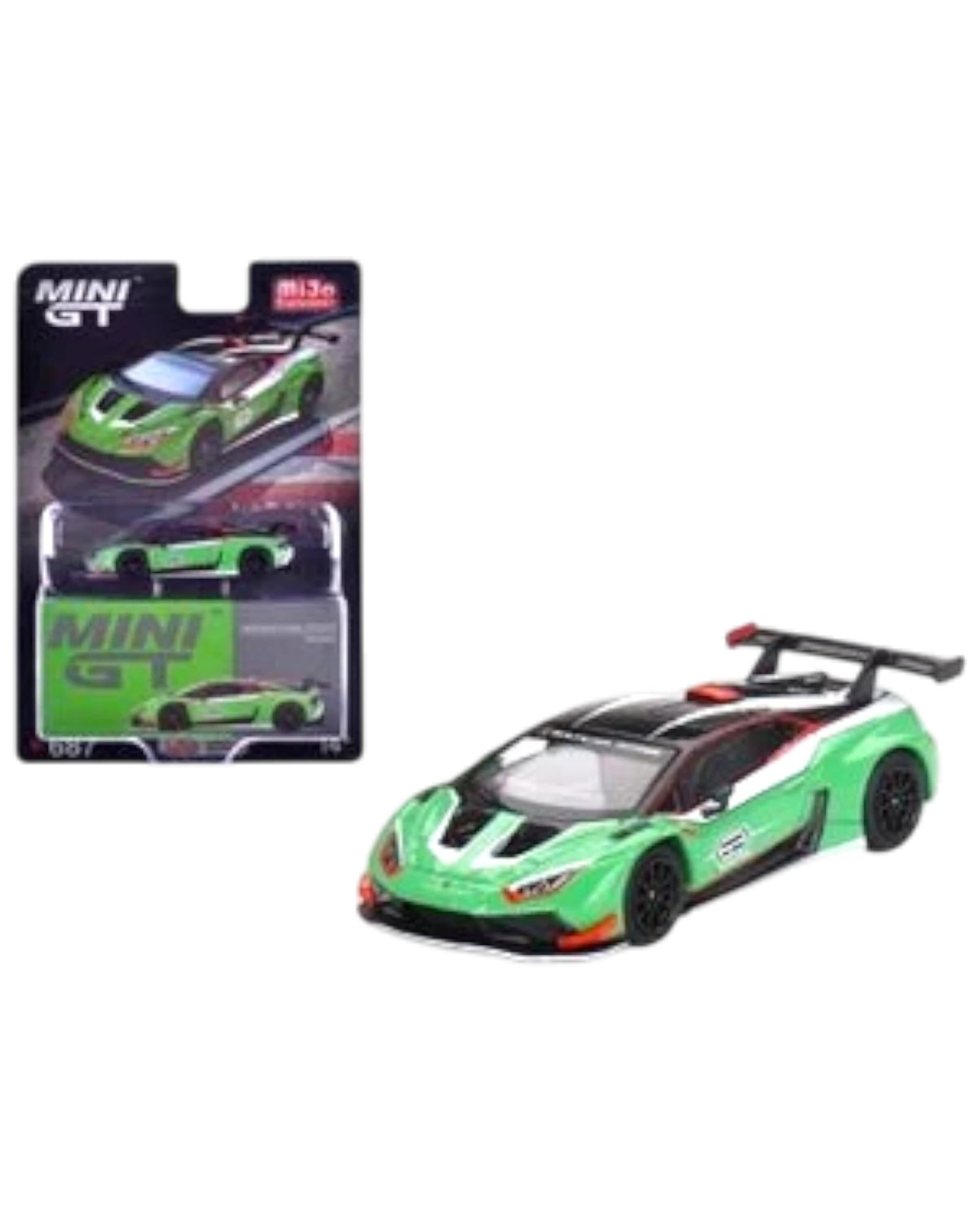 More Than Diecast Mini GT Lamborghini Huracán GT3 EVO2 1:64 scale die-cast model in Presentation Green with white and black racing accents.