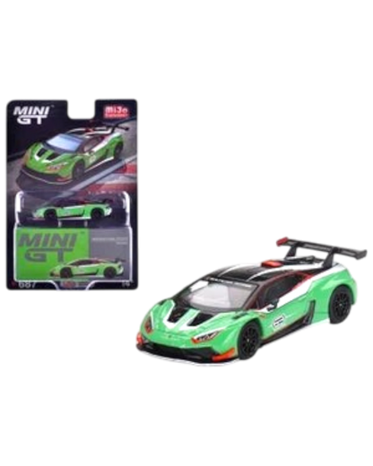 More Than Diecast Mini GT Lamborghini Huracán GT3 EVO2 1:64 scale die-cast model in Presentation Green with white and black racing accents.