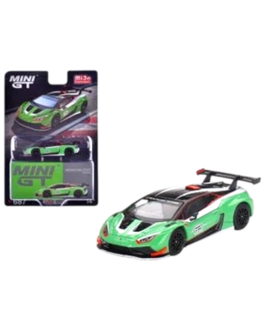 More Than Diecast Mini GT Lamborghini Huracán GT3 EVO2 1:64 scale die-cast model in Presentation Green with white and black racing accents.