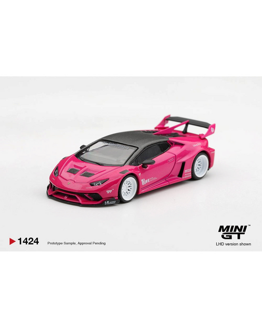 More Than Diecast Mini GT 1:64 scale LB-WORKS Lamborghini Huracán GT in ruby purple with white wheels and rear wing.