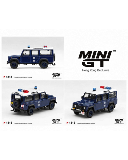 More Than Diecast Mini GT 1:64 scale blue Land Rover Defender 110 Royal HK Police Tai Po District model vehicle