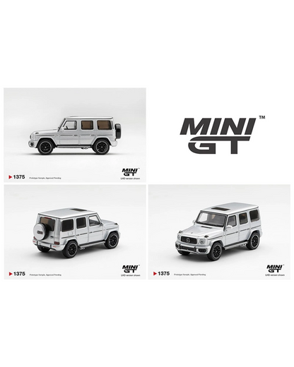 More Than Diecast Mini GT 1:64 scale silver metallic Mercedes-AMG G 63 diecast model car showing multiple angles.