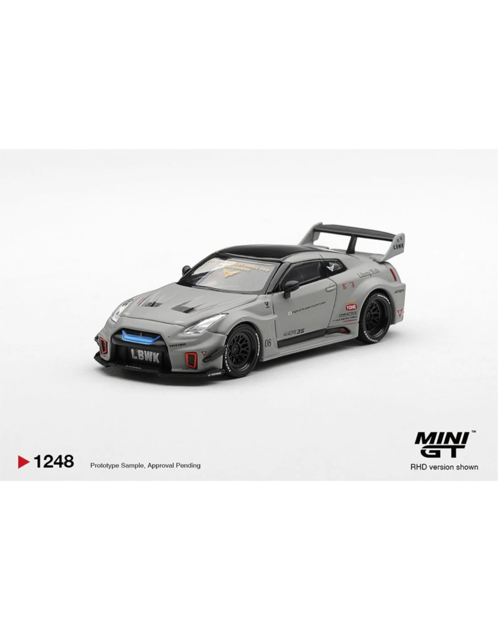 More Than Diecast Mini GT 1:64 scale Matt Grey Nissan LB-Silhouette WORKS GT 35GT-RR Ver.1 model car with large rear wing.