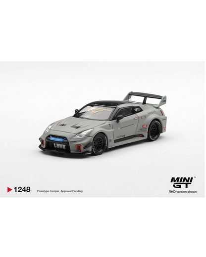 More Than Diecast Mini GT 1:64 scale Matt Grey Nissan LB-Silhouette WORKS GT 35GT-RR Ver.1 model car with large rear wing.