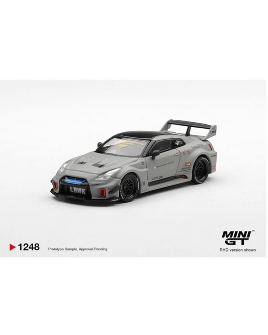 More Than Diecast Mini GT 1:64 scale Matt Grey Nissan LB-Silhouette WORKS GT 35GT-RR Ver.1 model car with large rear wing.