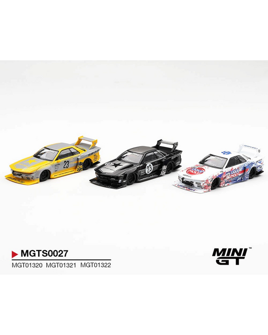 More Than Diecast Mini GT 1:64 scale Nissan Skyline R32 Liberty Walk three-car set in yellow, black, and Liqui Moly livery