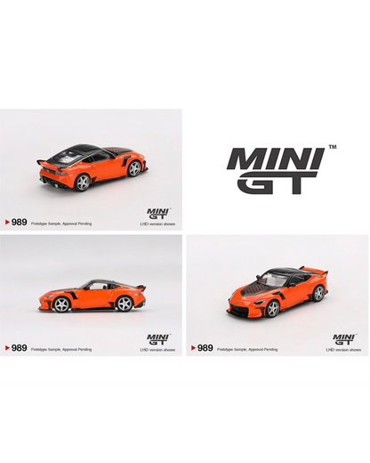 More Than Diecast Mini GT 1:64 orange Nissan Z VeilSide FFZ400 die-cast model with widebody kit and black accents.