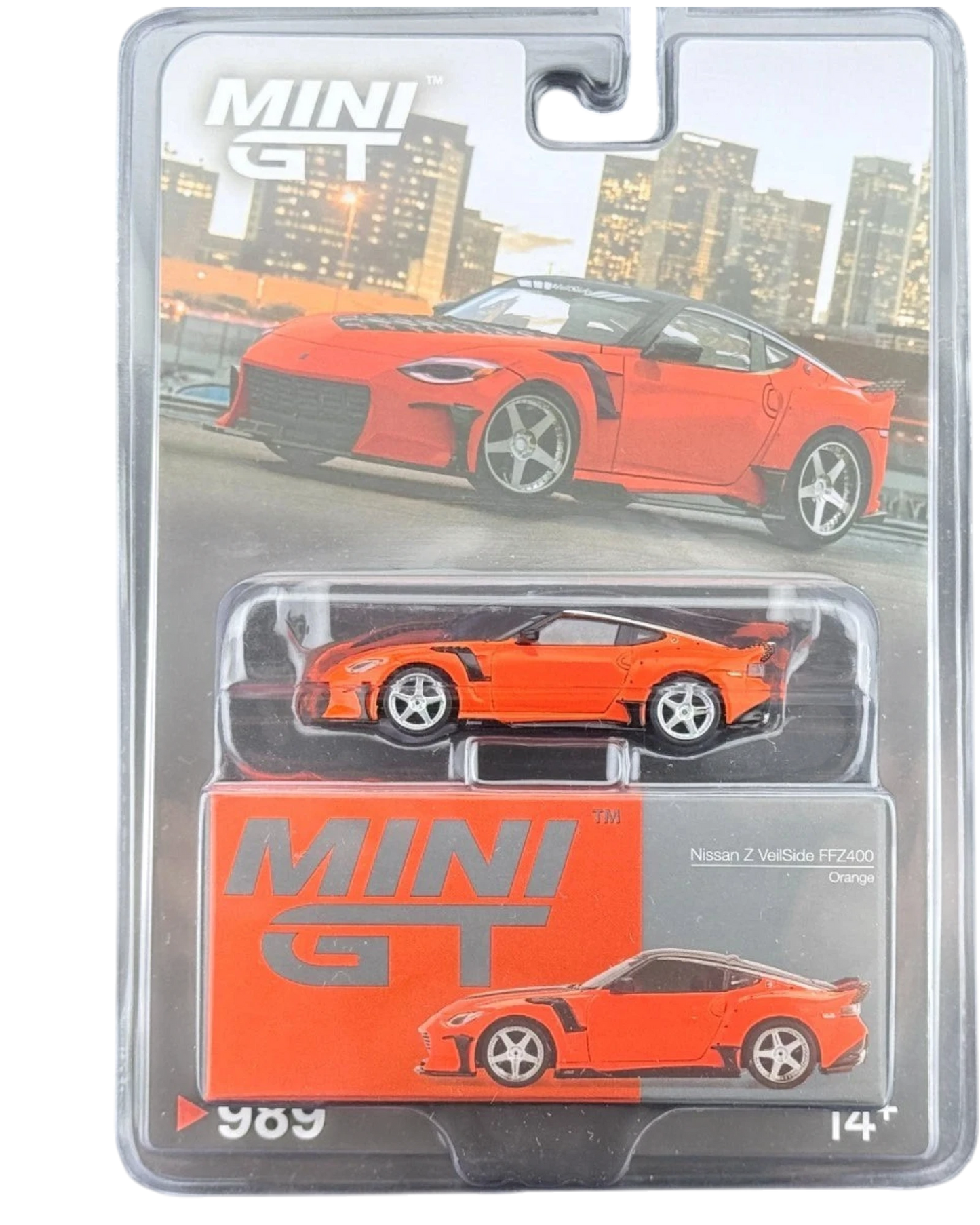 More Than Diecast Mini GT 1:64 orange Nissan Z VeilSide FFZ400 die-cast model car with widebody kit.
