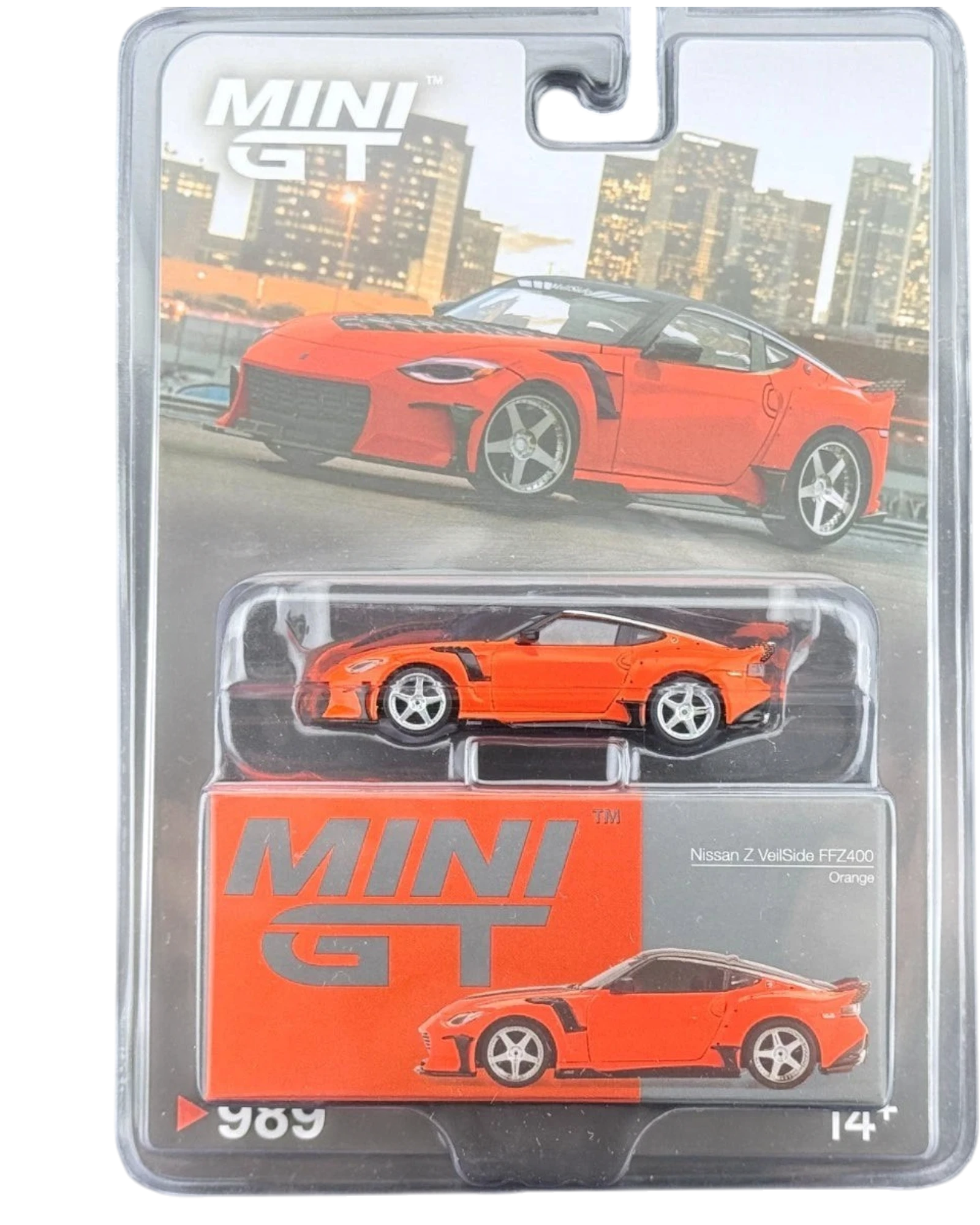 More Than Diecast Mini GT 1:64 orange Nissan Z VeilSide FFZ400 die-cast model car with widebody kit.