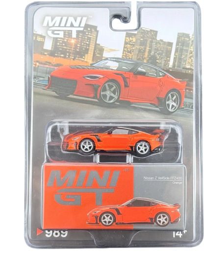 More Than Diecast Mini GT 1:64 orange Nissan Z VeilSide FFZ400 die-cast model car with widebody kit.