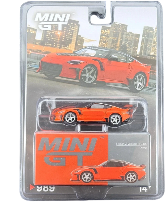 More Than Diecast Mini GT 1:64 orange Nissan Z VeilSide FFZ400 die-cast model car with widebody kit.