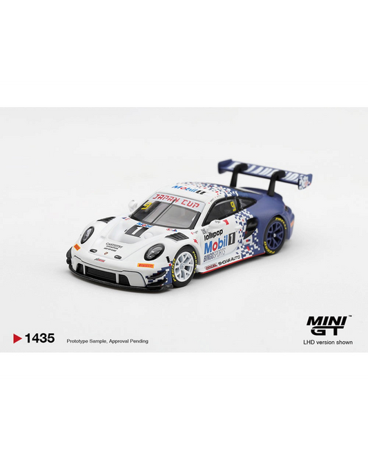 More Than Diecast Mini GT Porsche 911 GT3 R #9 Bingo Racing diecast car in white and blue livery