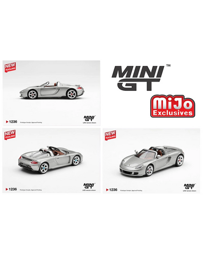 More Than Diecast Mini GT 1:64 scale silver Porsche Carrera GT die-cast model car showing multiple angles.