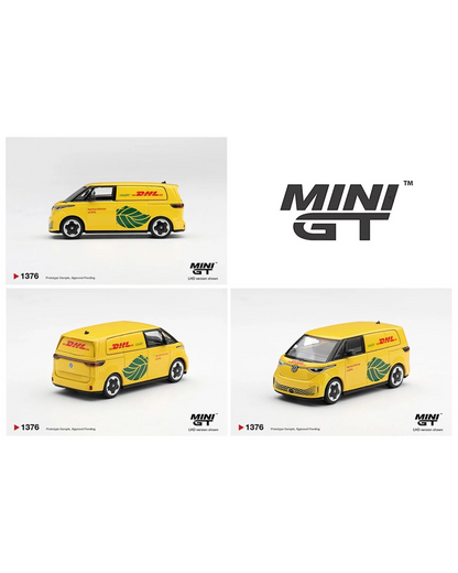 More Than Diecast Mini GT 1:64 scale Volkswagen ID.Buzz electric van in yellow and red DHL delivery livery