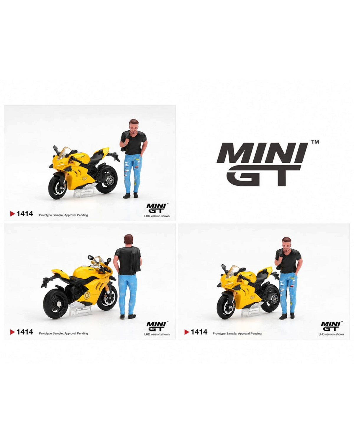 More Than Diecast 1:64 scale yellow Ducati Panigale V4 S motorcycle model with a standing male figure
