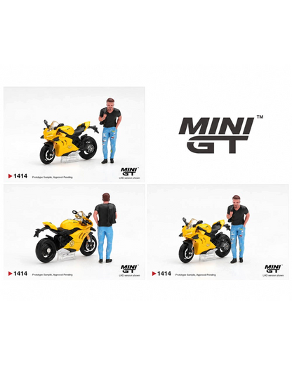 More Than Diecast 1:64 scale yellow Ducati Panigale V4 S motorcycle model with a standing male figure