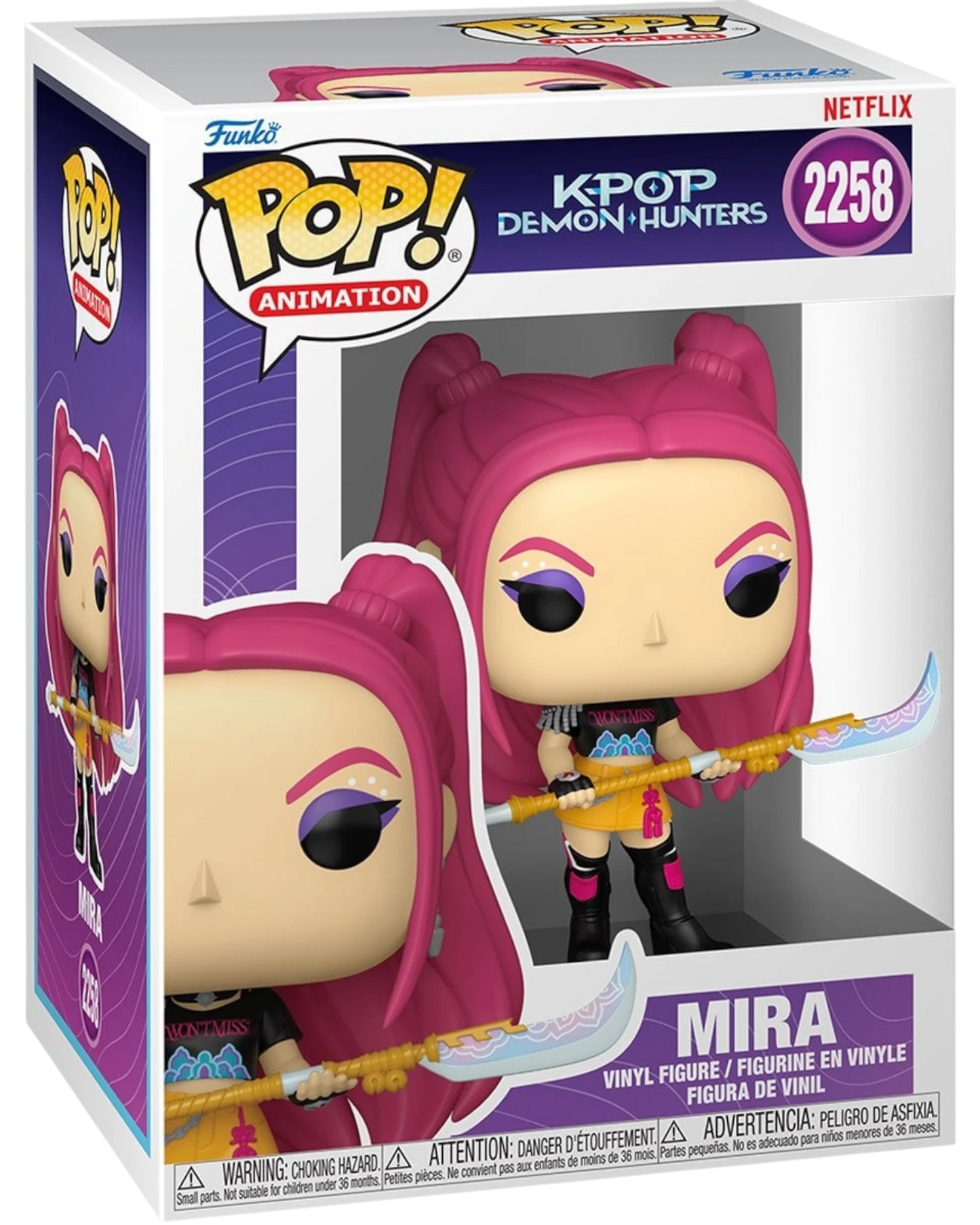 More Than Diecast KPop Demon Hunters Mira Funko Pop vinyl figure #2258 with pink hair and weapon in display box