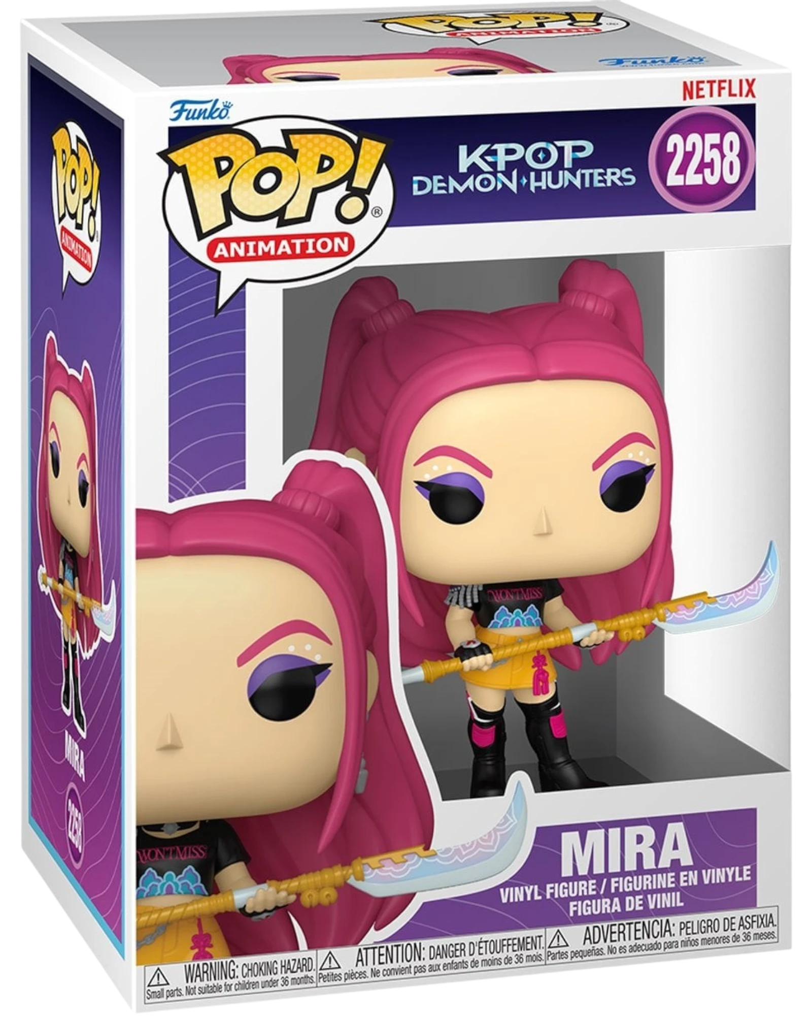 More Than Diecast KPop Demon Hunters Mira Funko Pop vinyl figure #2258 with pink hair and weapon in display box