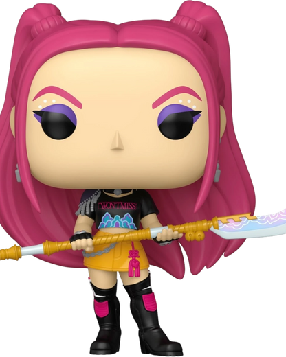 More Than Diecast KPop Demon Hunters Mira Funko Pop vinyl figure with pink hair, black crop top, and golden spear.