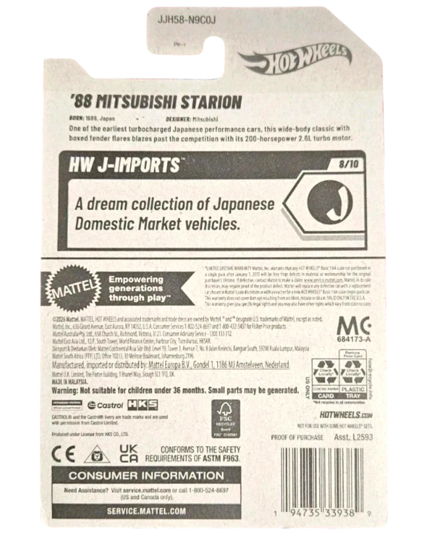 More Than Diecast 2026 Hot Wheels 88 Mitsubishi Starion card back with J-Imports series details and product information
