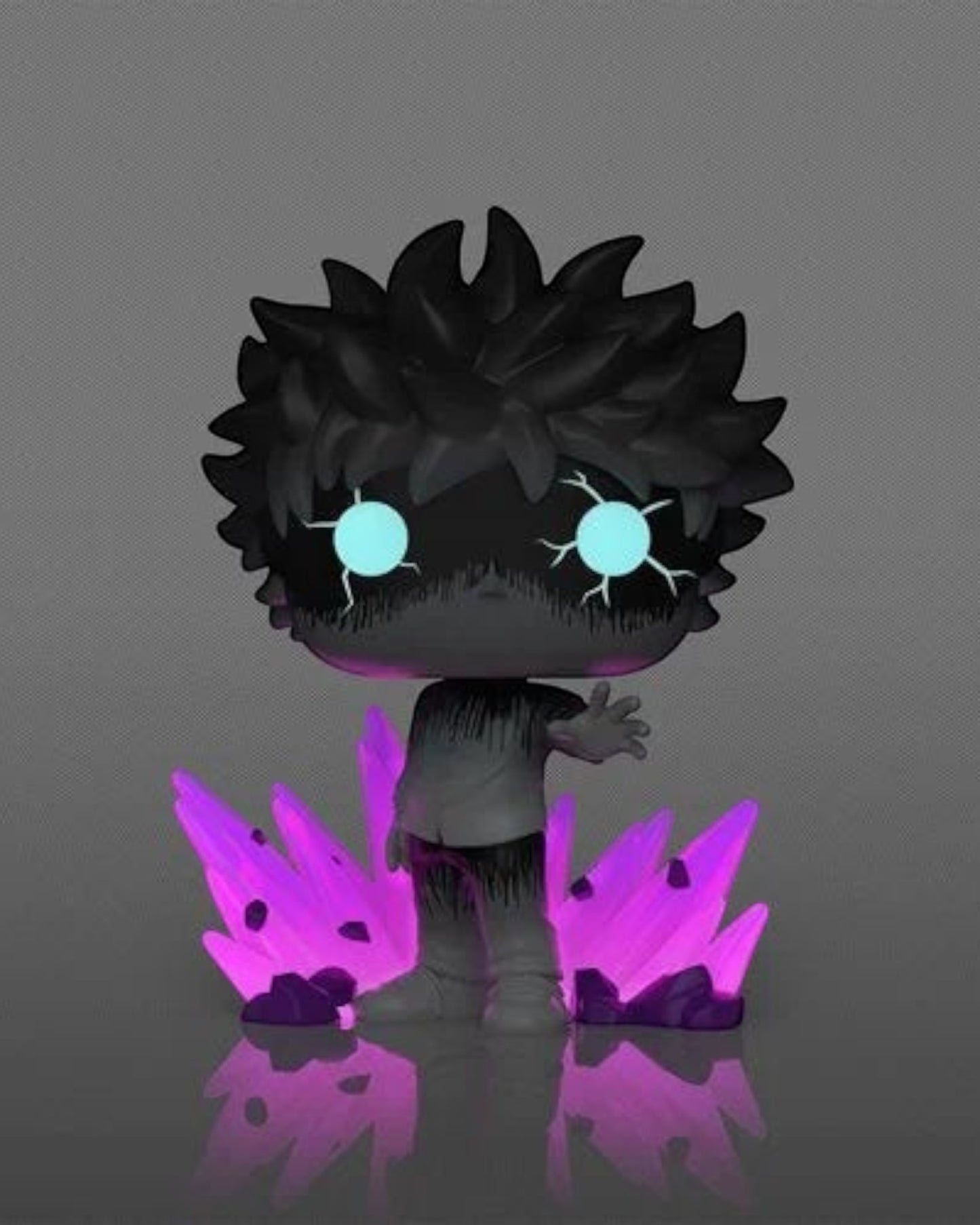 More Than Diecast Mob Psycho 100 Mob Glow-in-the-Dark Funko Pop! Vinyl Figure #2406. Features glowing blue eyes and purple energy crystals.