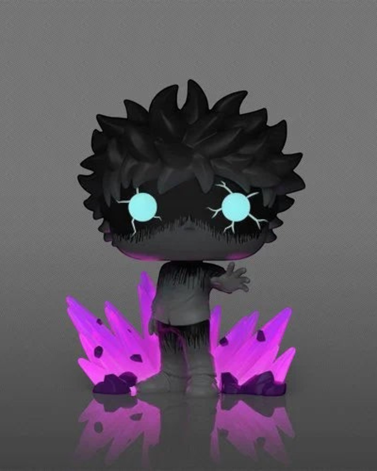 More Than Diecast Mob Psycho 100 Mob Glow-in-the-Dark Funko Pop! Vinyl Figure #2406. Features glowing blue eyes and purple energy crystals.