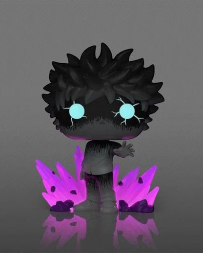 More Than Diecast Mob Psycho 100 Mob Glow-in-the-Dark Funko Pop! Vinyl Figure #2406. Features glowing blue eyes and purple energy crystals.