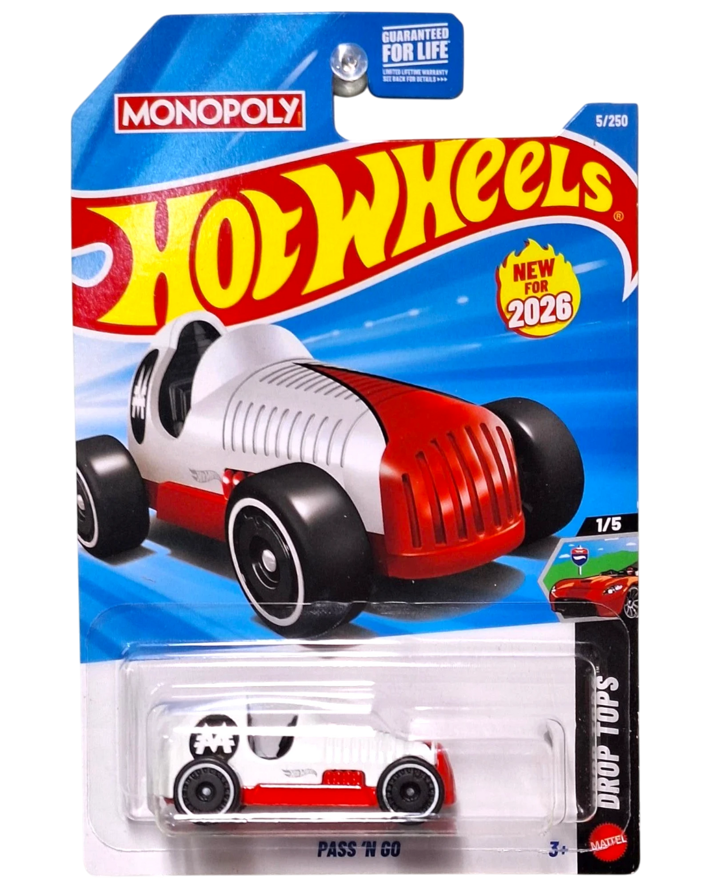More Than Diecast Hot Wheels Monopoly Pass 'N Go 2026 edition toy car in red and white on a blister card