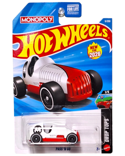 More Than Diecast Hot Wheels Monopoly Pass 'N Go 2026 edition toy car in red and white on a blister card