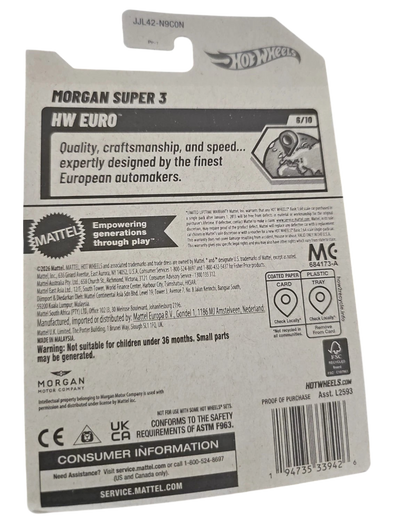 More Than Diecast Hot Wheels 2026 Morgan Super 3 yellow die-cast car packaging back view
