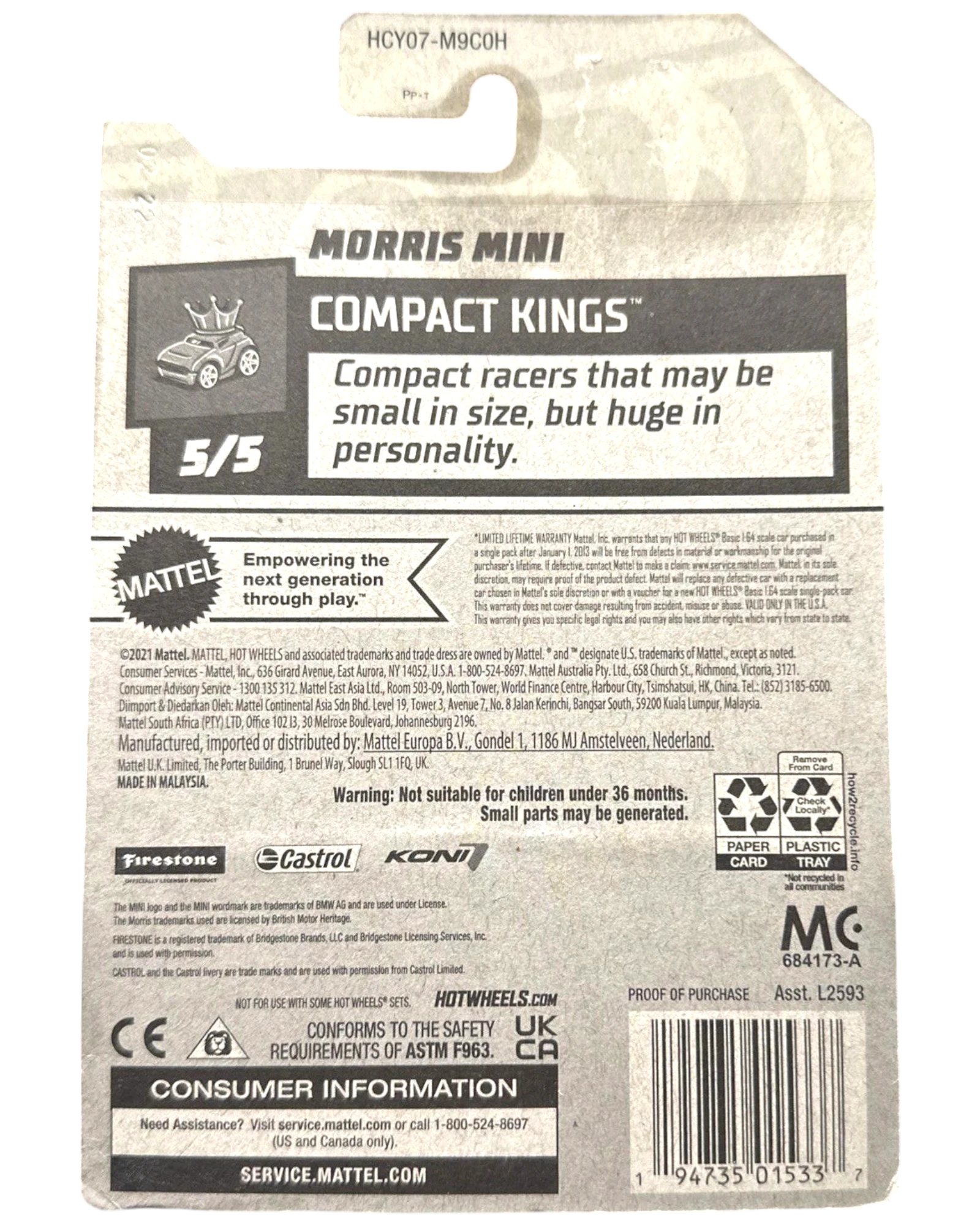 More Than Diecast Hot Wheels Morris Mini Compact Kings card back with product information and logos