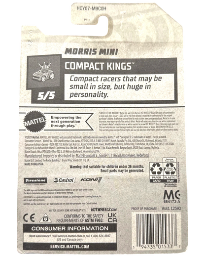 More Than Diecast Hot Wheels Morris Mini Compact Kings card back with product information and logos