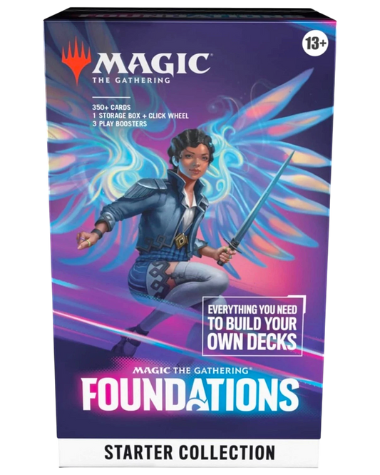 More Than Diecast Magic: The Gathering Foundations Starter Collection box featuring 387 cards and play boosters.