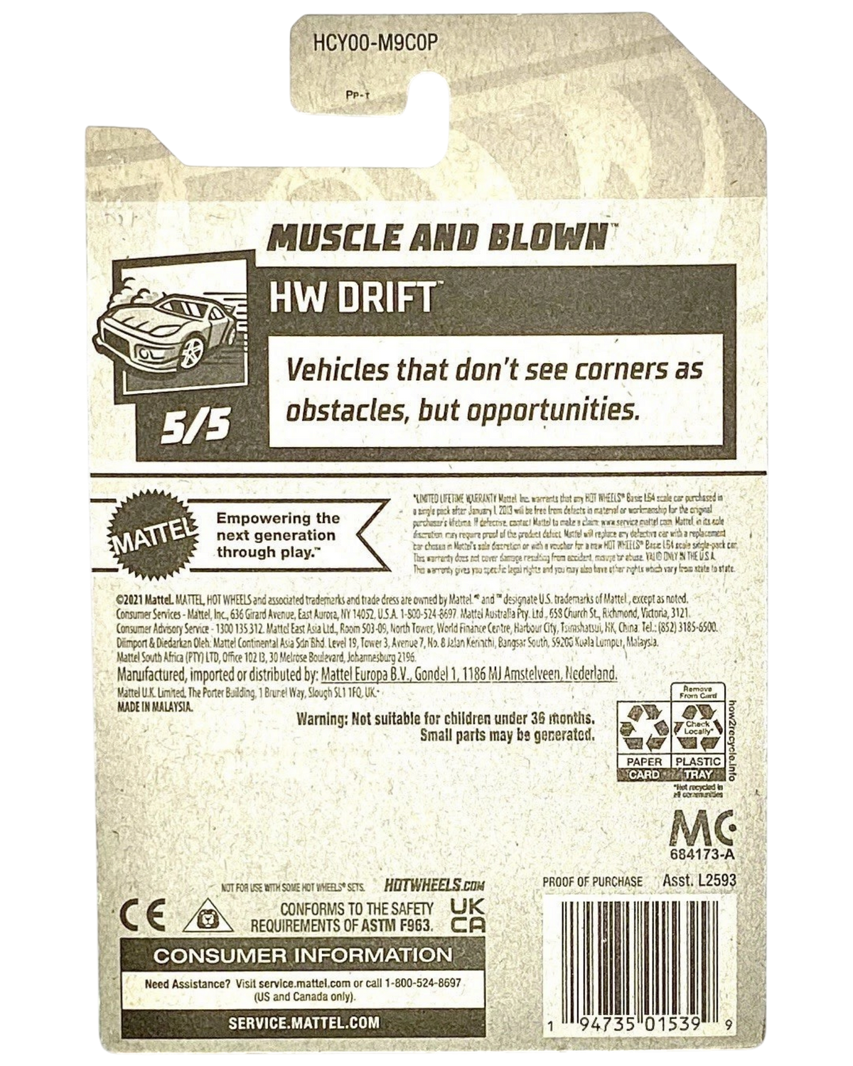 Back of More Than Diecast Hot Wheels Muscle and Blown 2022 Treasure Hunt packaging with HW Drift branding