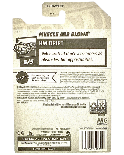Back of More Than Diecast Hot Wheels Muscle and Blown 2022 Treasure Hunt packaging with HW Drift branding