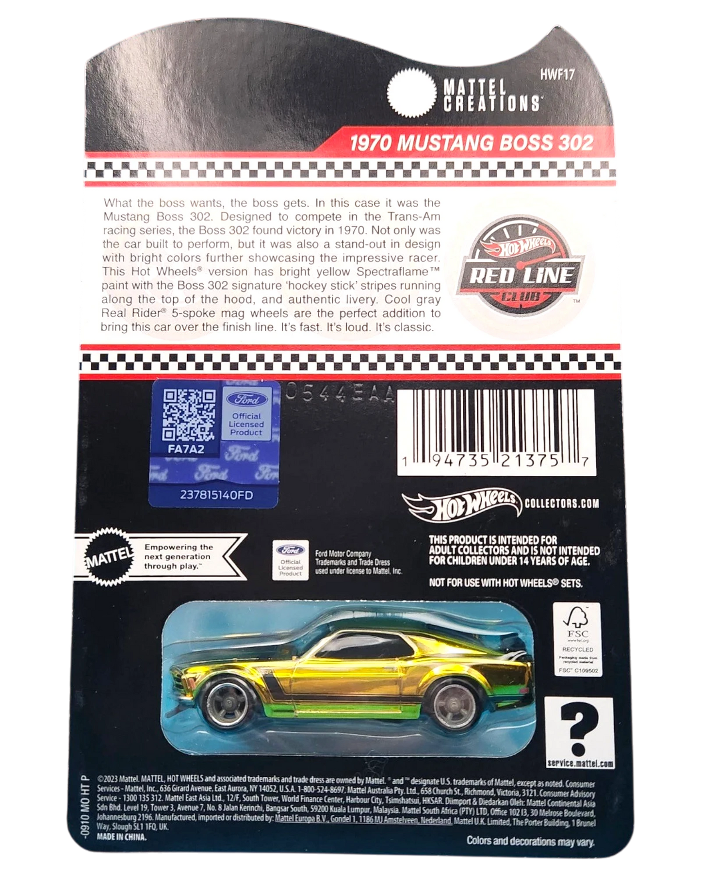 More Than Diecast 2023 Hot Wheels RLC 1970 Mustang Boss 302 in SpectraFlame Yellow on collector blister card back