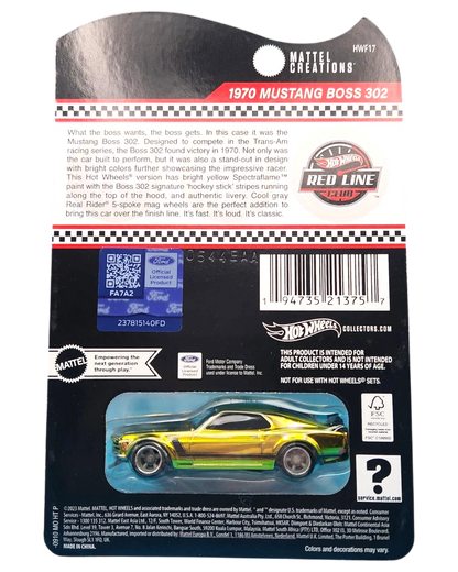 More Than Diecast 2023 Hot Wheels RLC 1970 Mustang Boss 302 in SpectraFlame Yellow on collector blister card back