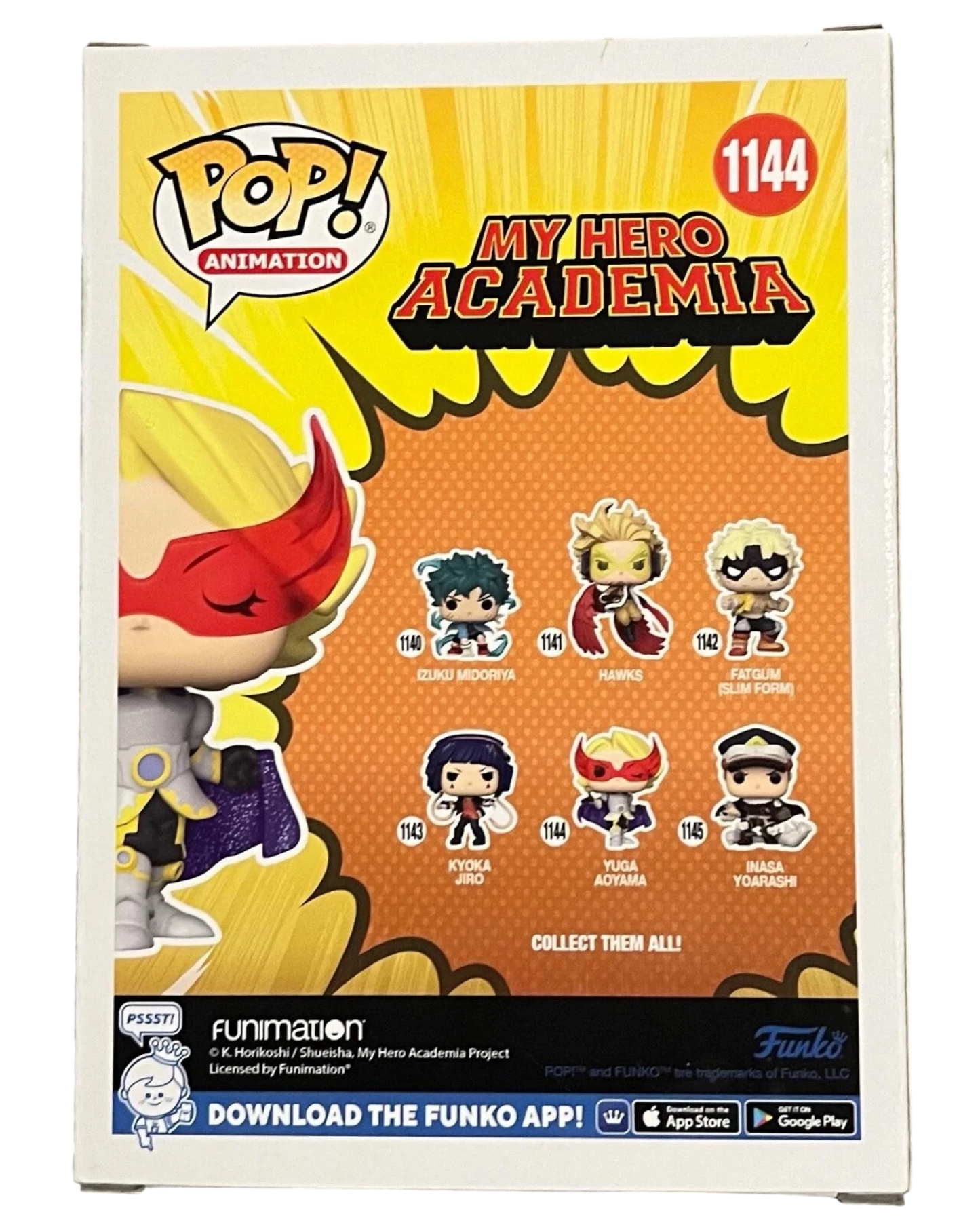 More Than Diecast My Hero Academia Funko Pop! Animation Yuga Aoyama #1144 vinyl figure box. Features Yuga Aoyama in his hero costume.