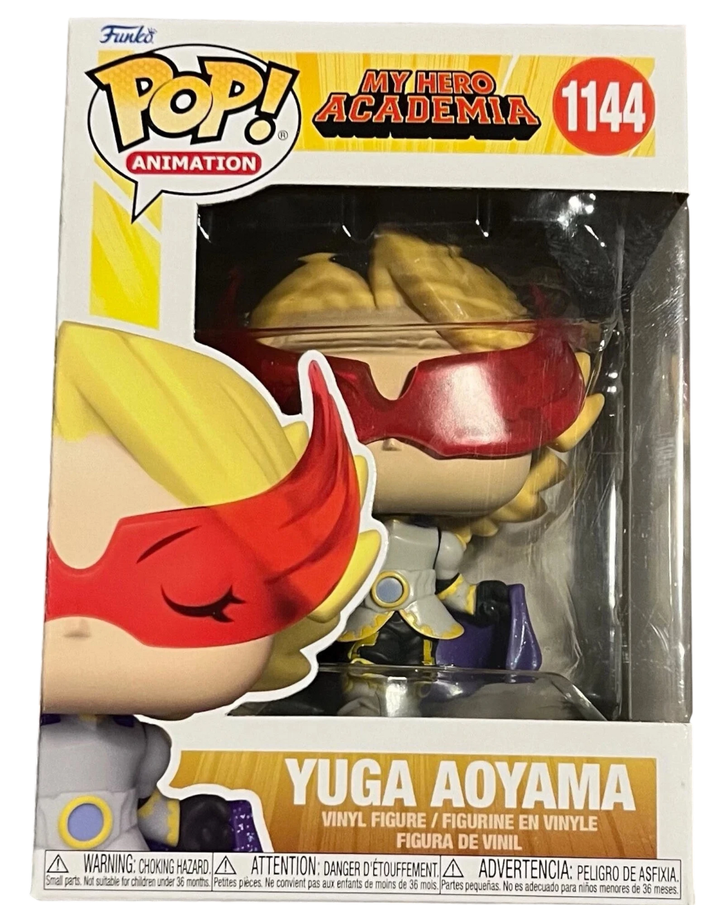 More Than Diecast My Hero Academia Yuga Aoyama Funko Pop! Vinyl Figure #1144 in box. Features blonde hair, red mask, and purple cape.