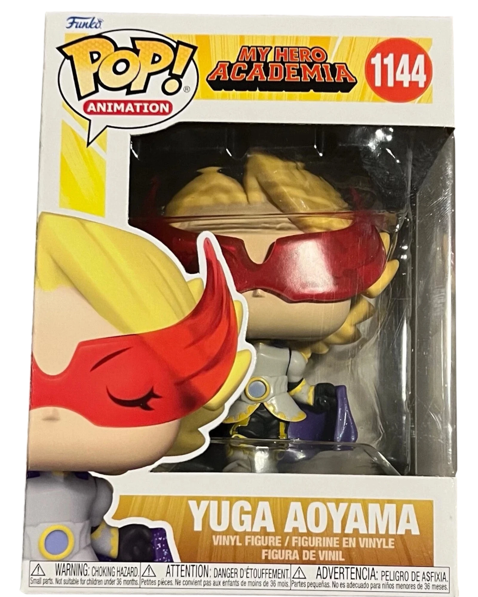 More Than Diecast My Hero Academia Yuga Aoyama Funko Pop! Vinyl Figure #1144 in box. Features blonde hair, red mask, and purple cape.