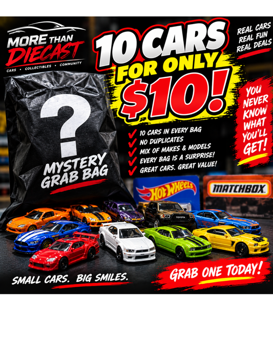 More Than Diecast mystery grab bag featuring 10 assorted Hot Wheels and Matchbox die-cast toy cars in various colors