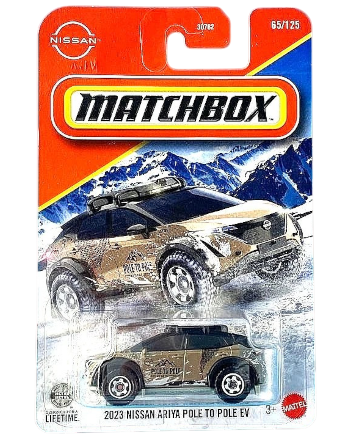 More Than Diecast Matchbox 2023 Nissan Ariya Pole to Pole EV in sunrise copper pearl on blister card packaging