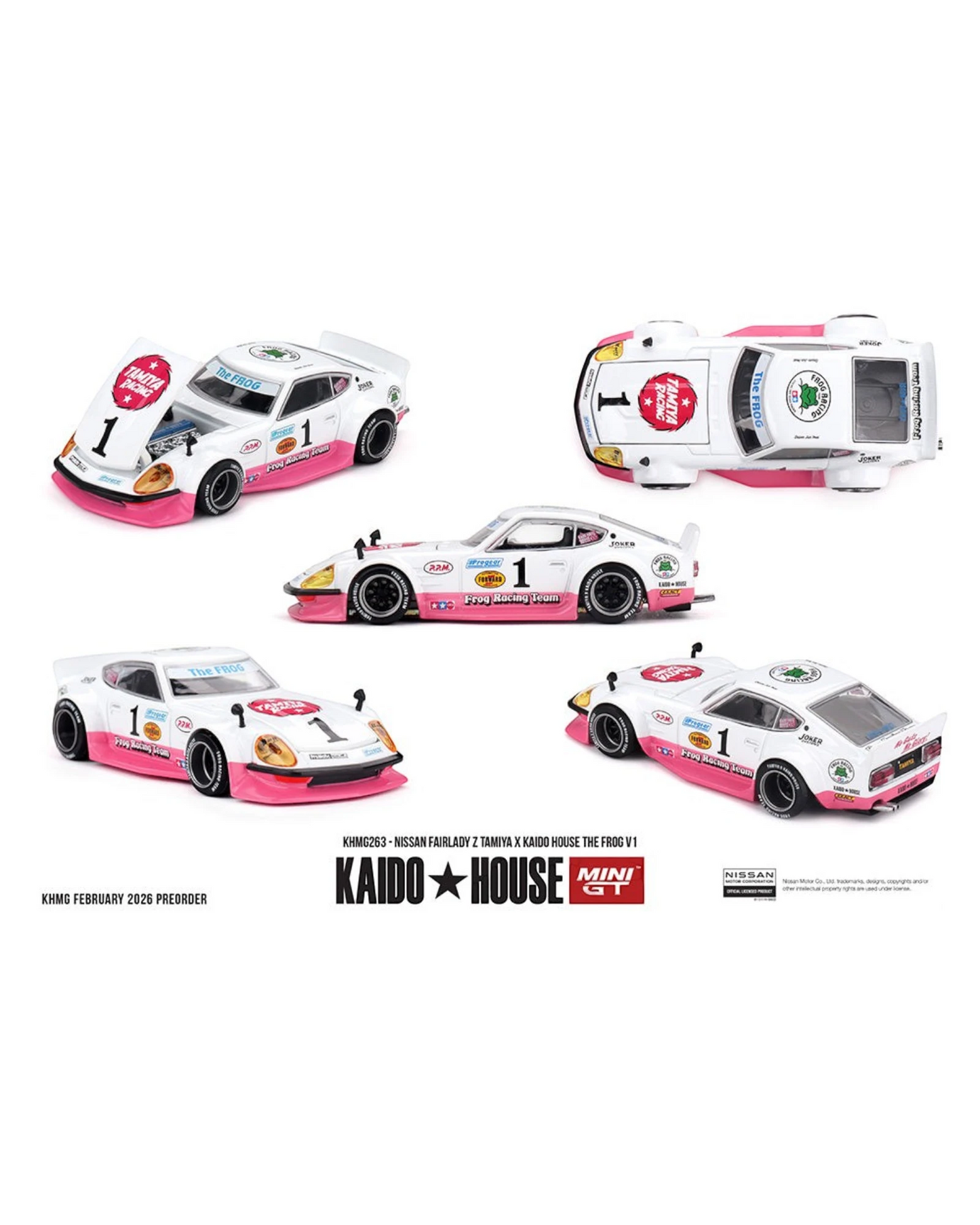 More Than Diecast Kaido House x Mini GT Nissan Fairlady Z The Frog V1 die-cast car in white and pink Tamiya livery.