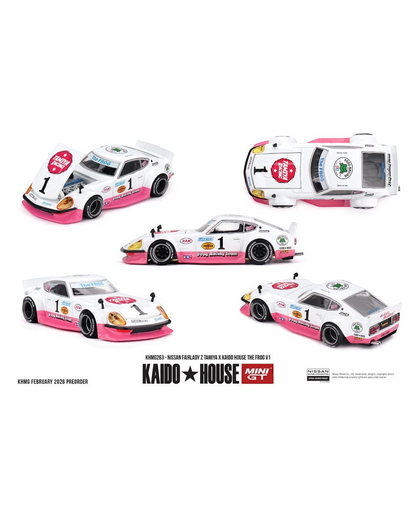 More Than Diecast Kaido House x Mini GT Nissan Fairlady Z The Frog V1 die-cast car in white and pink Tamiya livery.