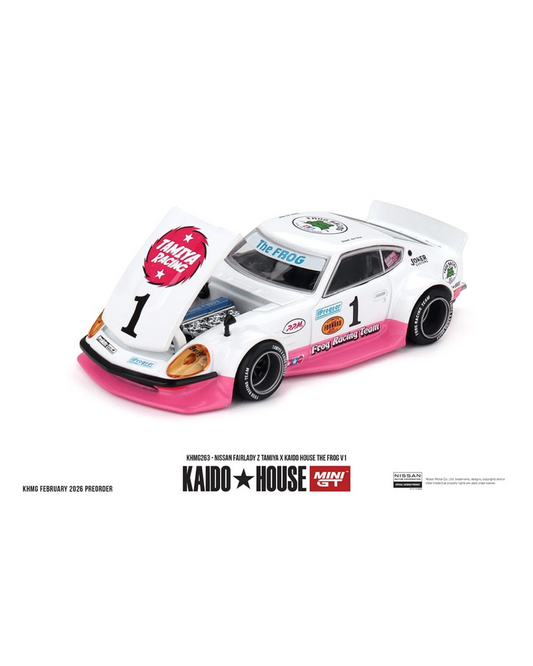 More Than Diecast Kaido House x Mini GT Nissan Fairlady Z The Frog V1 die-cast car in white and pink Tamiya livery.