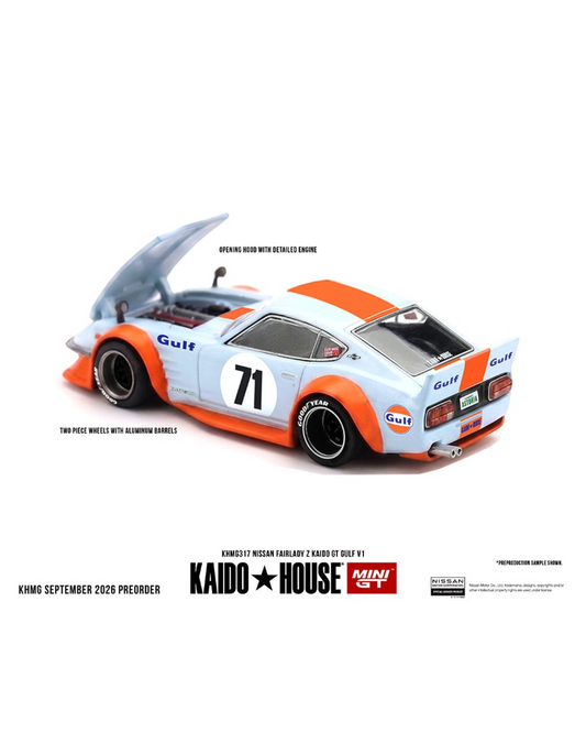 More Than Diecast Kaido House x Mini GT Nissan Fairlady Z Gulf V1 die-cast car with wide-body kit and opening hood